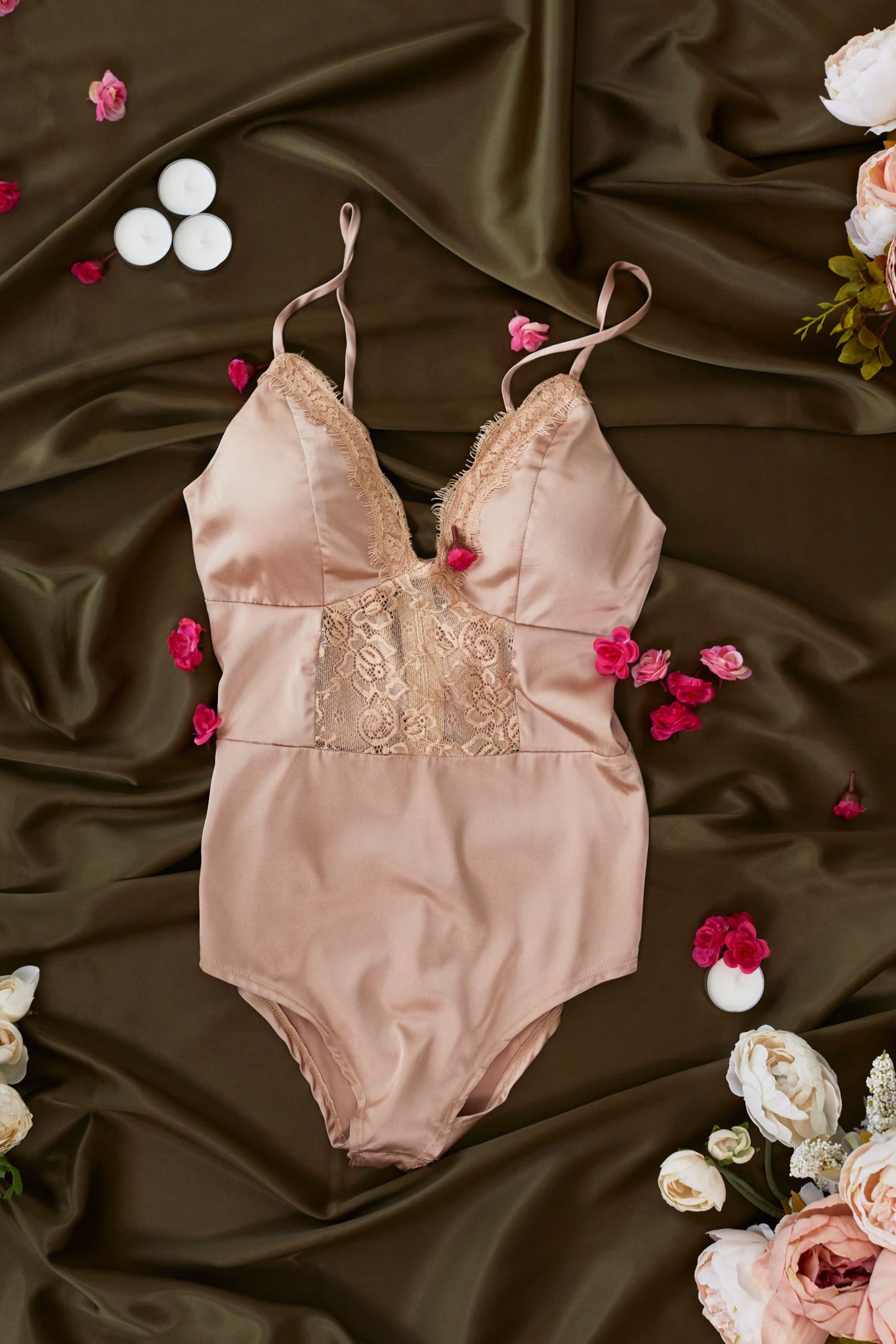Gold Satin Lace Mesh Bodysuit
