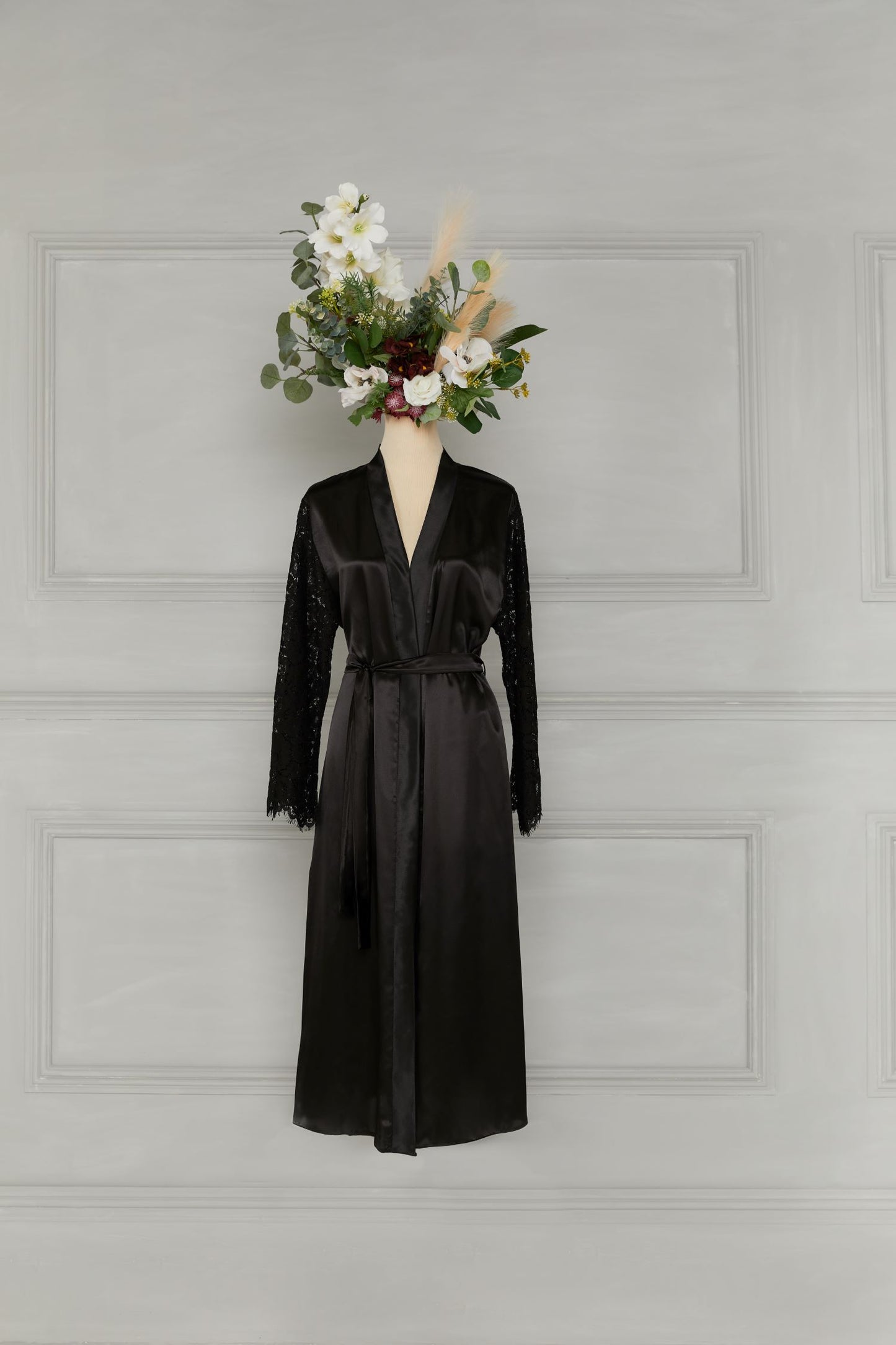 Black Long Dressing Gown with Lace
