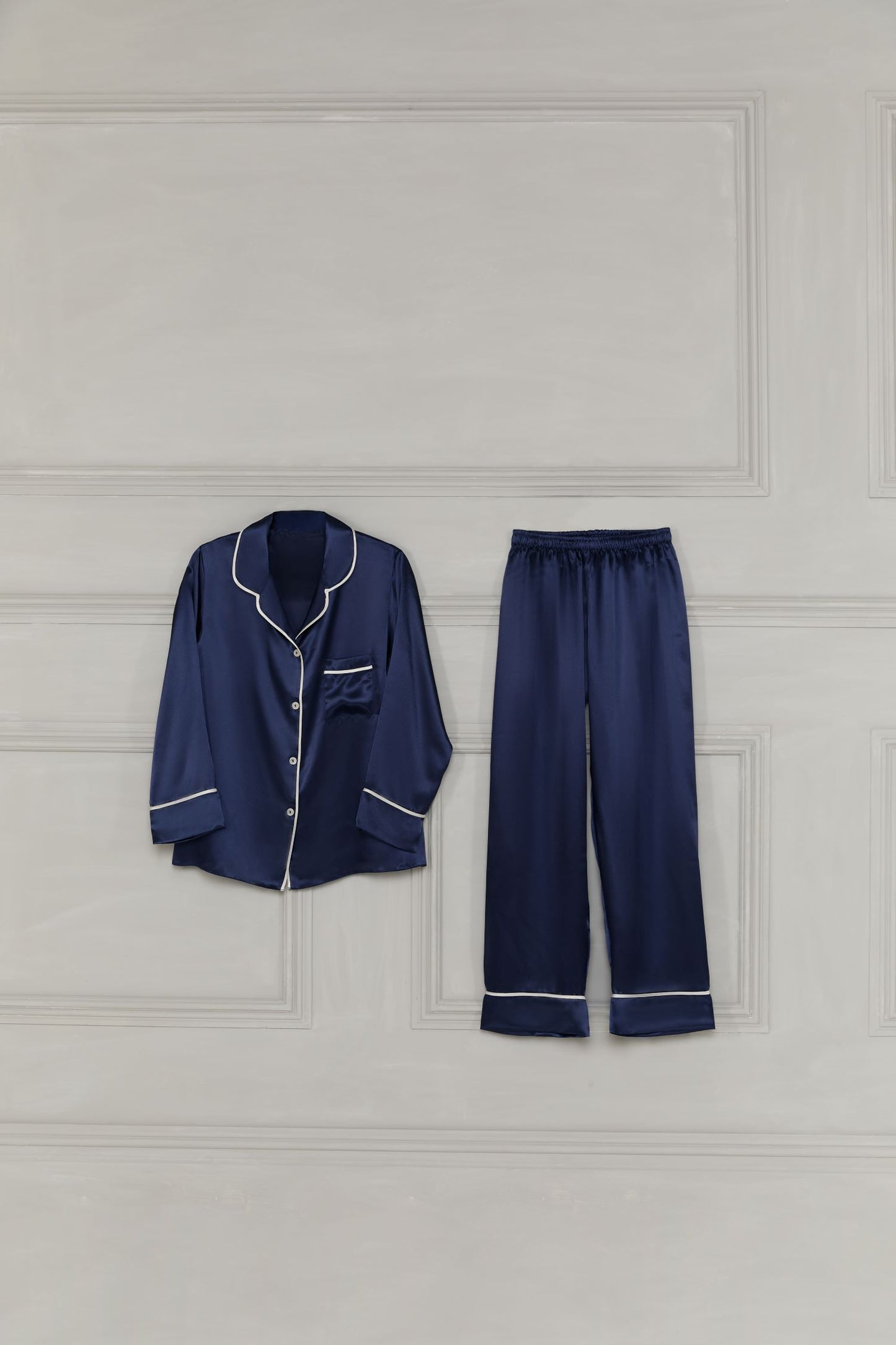 Navy Satin Pyjamas with Piping