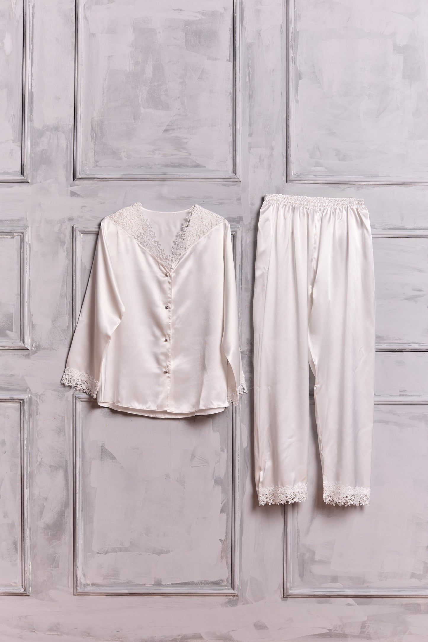 Ivory Bridal Satin Pyjamas with Lace