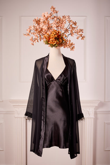 Black Short Nightdress and Dressing Gown with feathers
