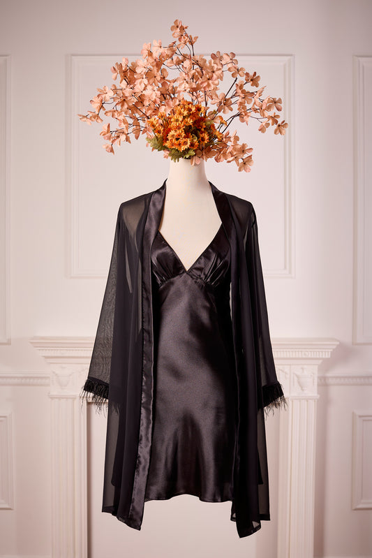 Black Short Nightdress and Dressing Gown with feathers