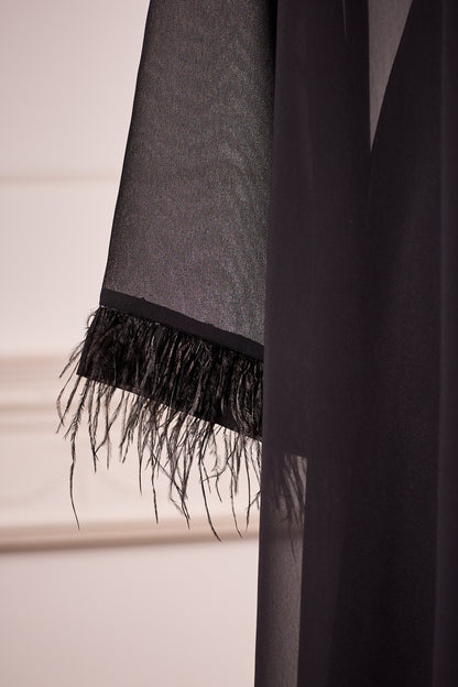 Black Short Nightdress and Dressing Gown with feathers