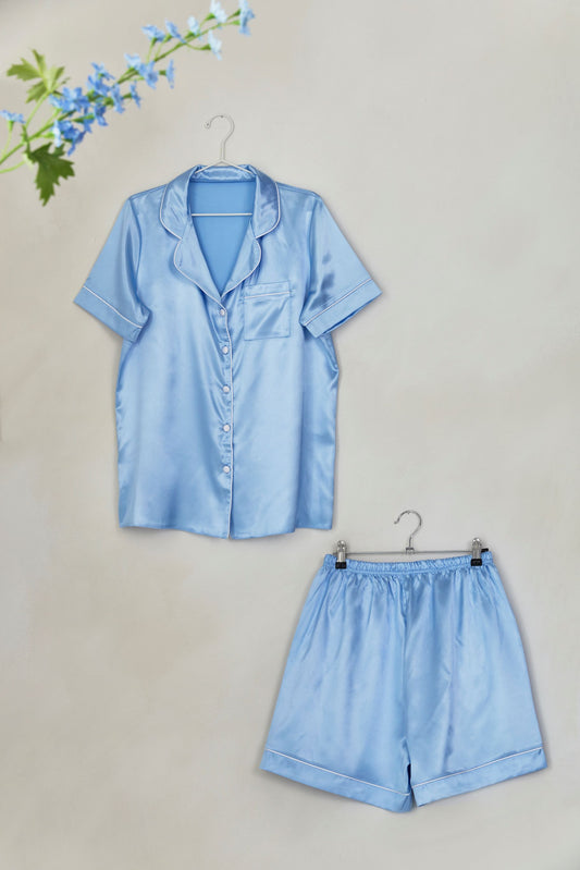 Baby Blue Satin Pyjamas with Piping – Short Sleeve with Shorts