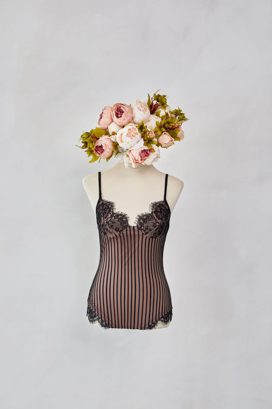 Black And Rose Scallop Lace Mesh Bodysuit