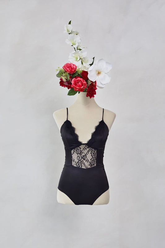 Black Satin Lace Mesh Bodysuit