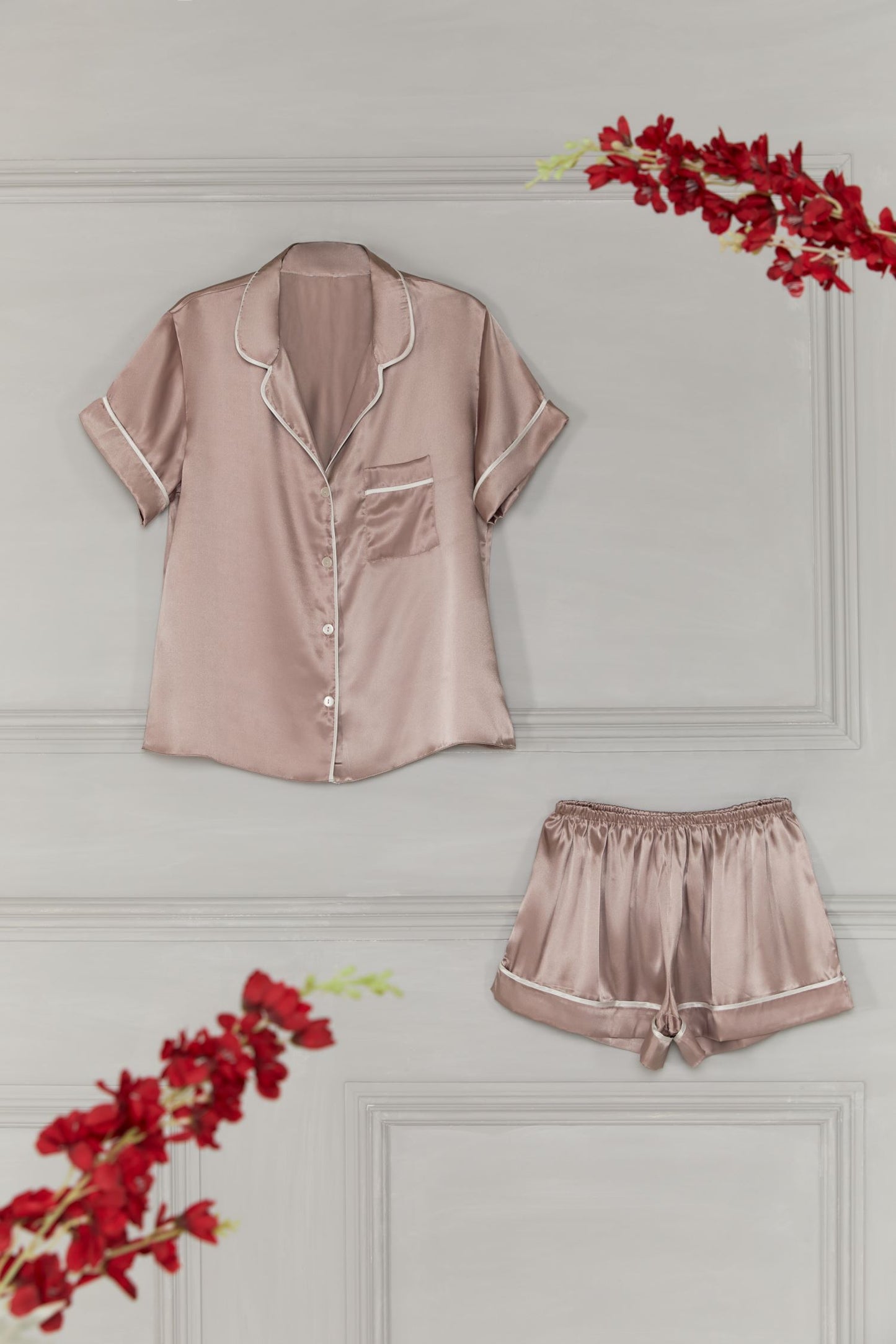 Mink Satin Pyjamas with Piping – Short sleeve with Shorts