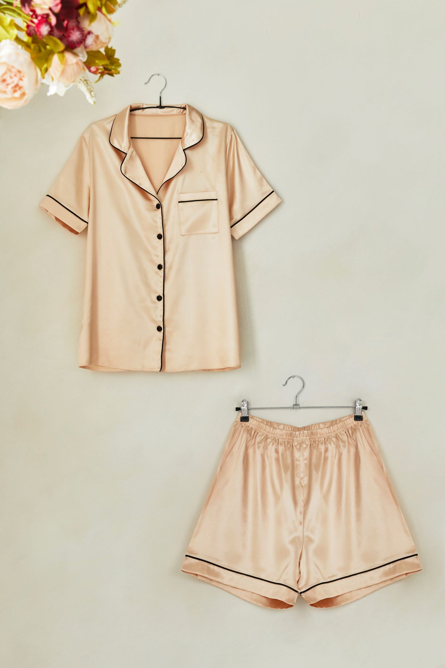 Champagne Satin Pyjamas with Piping – Short Sleeves with Shorts