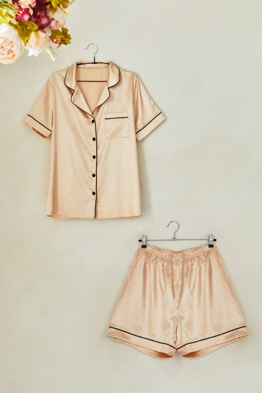 Champagne Satin Pyjamas with Piping – Short Sleeves with Shorts