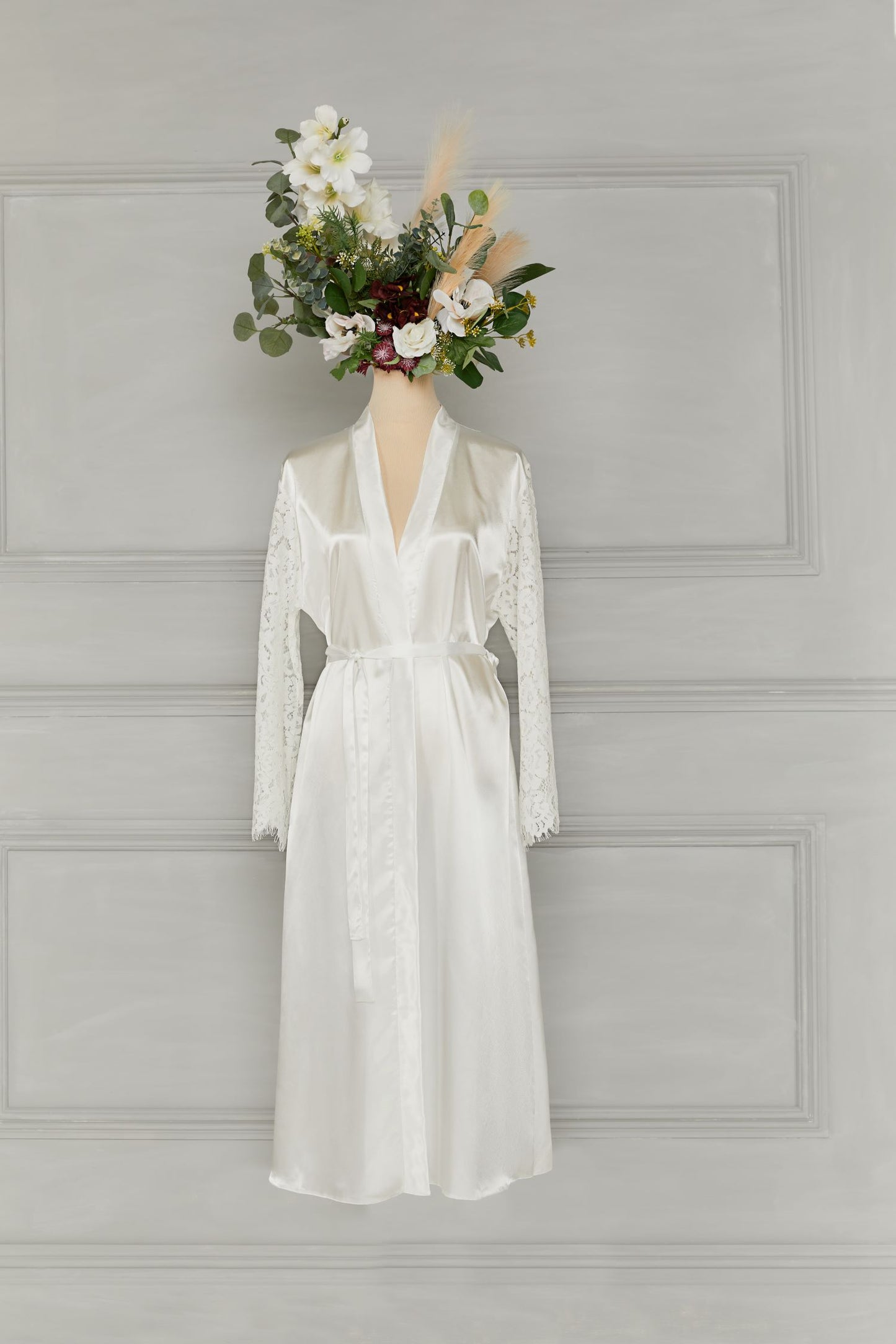 Ivory Long Dressing Gown with Lace Hadiqa London Ivory Long Dressing Gown with Lace Hadiqa London