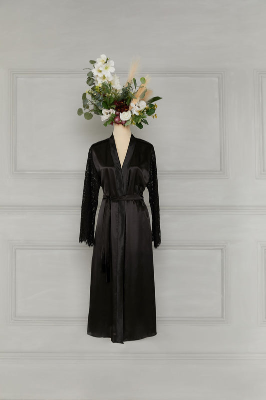 Black Long Dressing Gown with Lace