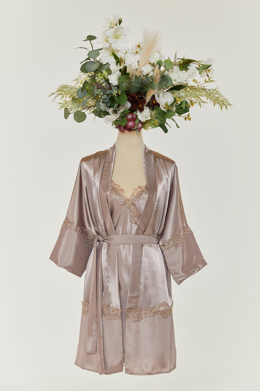 Mink Short Nightdress and Dressing Gown with Lace