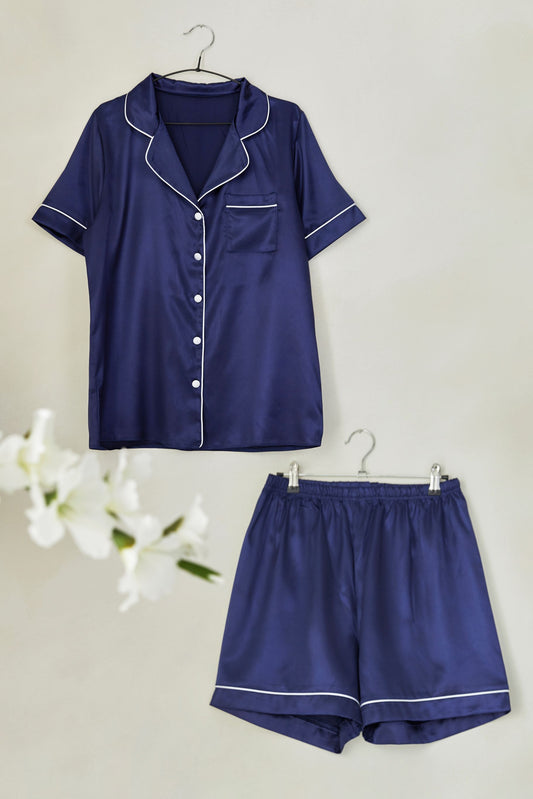 Navy Satin Pyjamas with Piping – Short Sleeve with Shorts