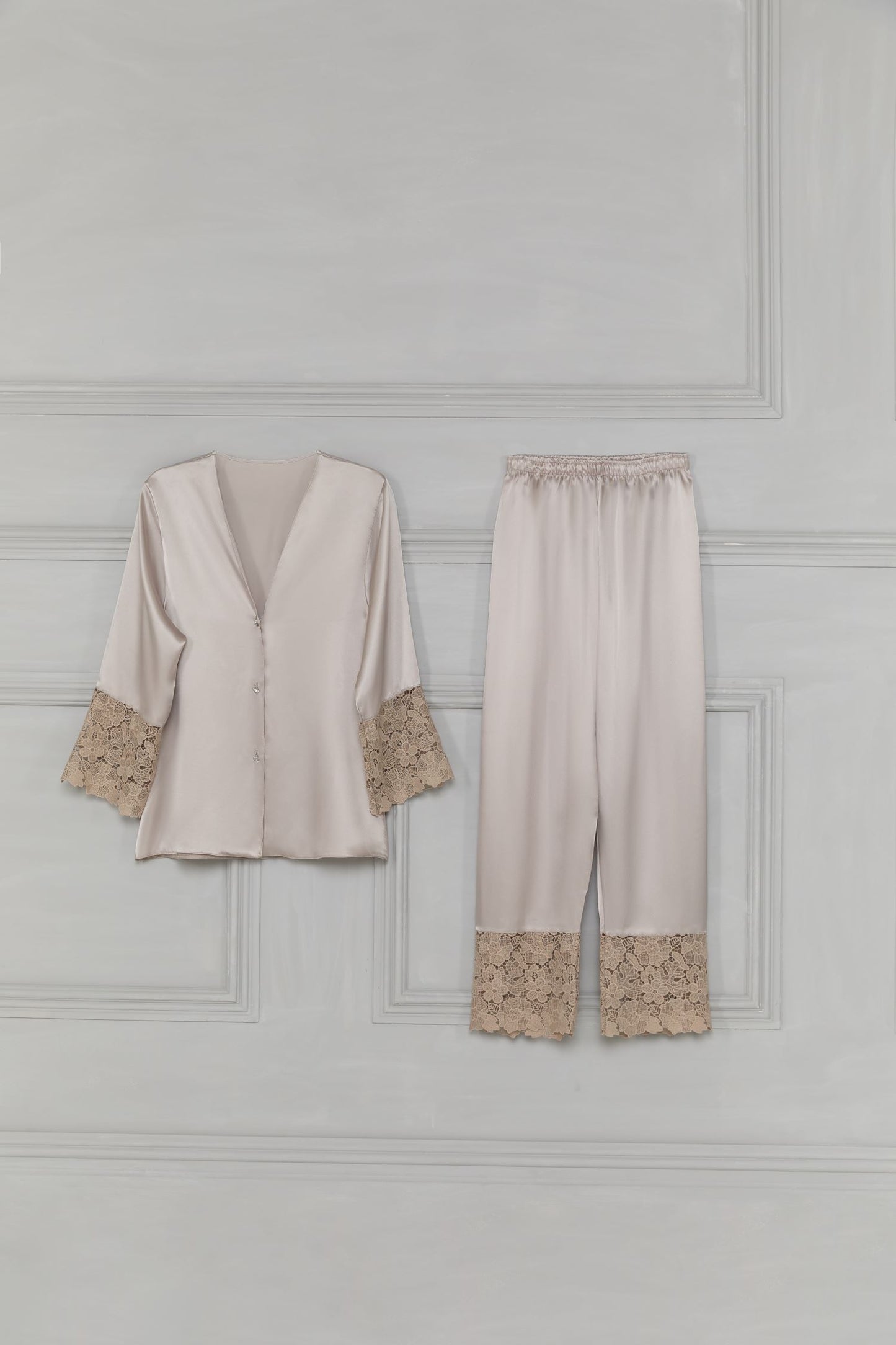 Stone Satin Pyjamas with Lace