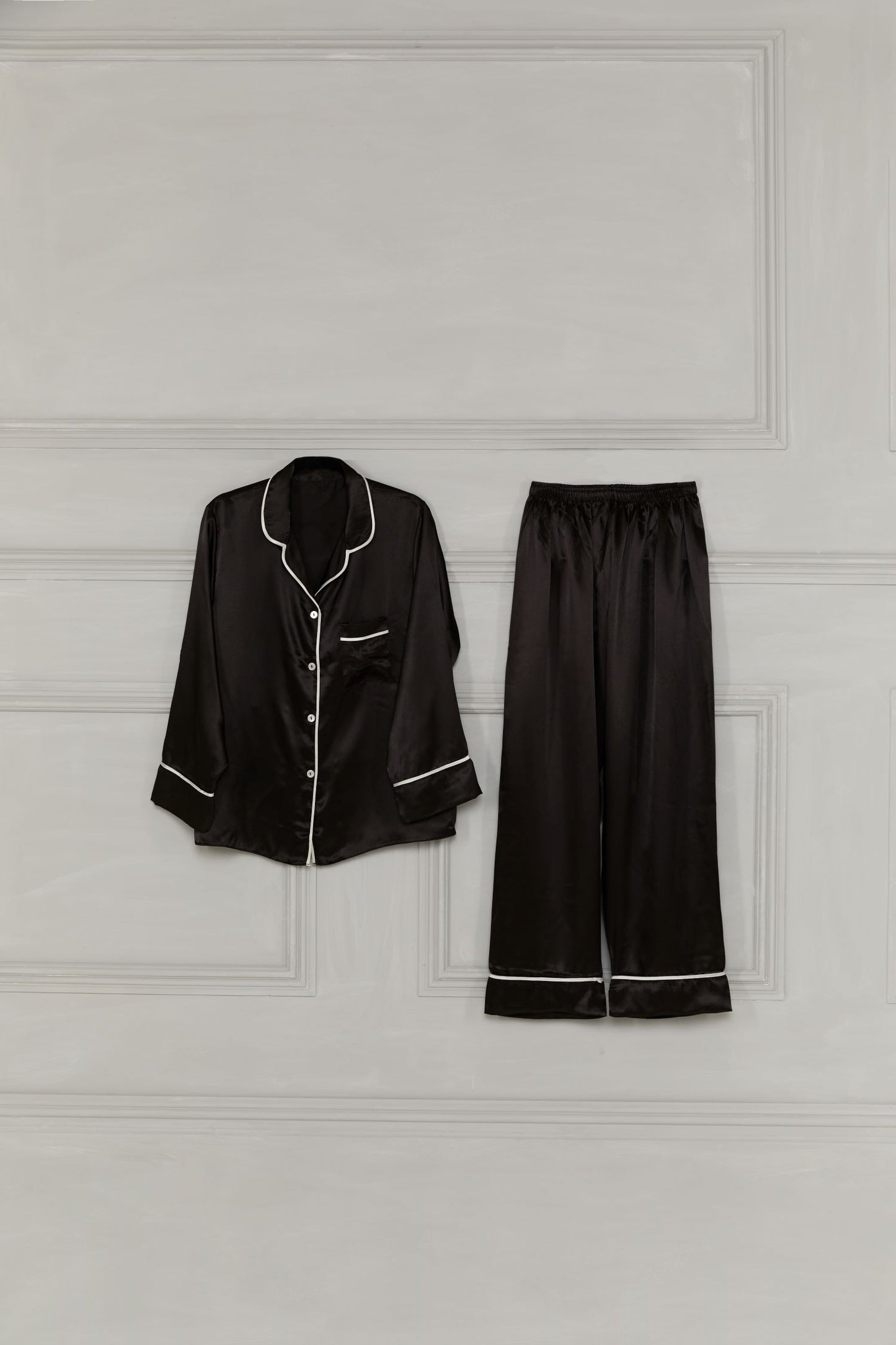 Black Satin Pyjamas with Piping